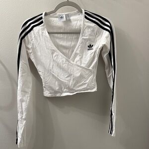 adidas White Cropped Wrap Top with Black Three-Stripes